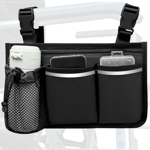 SHIFANQI Sac de fauteuil roulant, sac de déambulateur, pochette de rangement pour accoudoir avec fixation porte-gobelet et bande réfléchissante, accessoires pour la plupart des fauteuils roulants