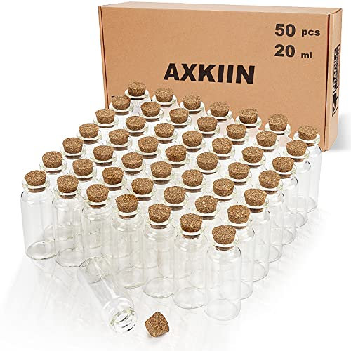 AXKIIN 50 Stück Mini Glasflaschen mit Korken 20ml Reagenzglas mit Korken Kleine Glasflaschen für Hochzeit Gefälligkeiten Partei Dekoration Gewürzgläser DIY Kunsthandwerk