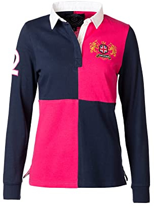 Rydale Ladies Rugby Shirt Women’s Long Sleeve Polo Shirt 100% Cotton Country Embroidered (Cropton Navy/Bonbon, 16)