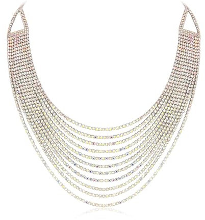 EVER FAITH Mehrschichtige klobige Halskette, Glitter Schillernder Silber-Ton Strass Wasserfall Mehrstrang Multi-Strand Ketten Statement Lätzchen Halskette lange Kette Modeschmuck
