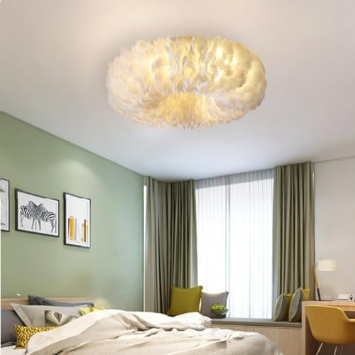 LED Deckenleuchte Dimmbar Modern Deckenlampe Weiße Feder Pendelleuchte Für Die Decke Creme-Stil Schlafzimmer Wohnzimmer Lampe Energiespar Licht Moderner Minimalistischer Stil E27 (Größe : A53cm)