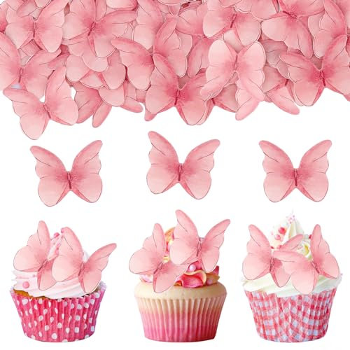 ENLACE Tortendeko Essbare Schmetterlinge für Torte,48 Stück Rosa Schmetterlings Tortendeko Geburtstag,Cupcake Toppers Essbar Schmetterlinge Deko Torte für Hochzeit,Kuchen Deko Mädchen