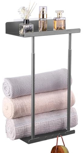 Btstil Handtuchhalter Ohne Bohren, Hoch-Verstellbares Carbon Stahl Doppelrohr-Handtuchhalter, Hohe Kapazität Wand Handtuchhalter für Bad Küche Gerollte Salonhandtücher (Silber)