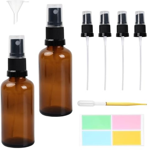 100ml Braunglas Sprühflasche, Sprühflasche Glasflasche mit Zerstäuber, Nachfüllbare Reise Feinnebel Sprühflasche Sprayflasche, Parfüm Zerstäuberflaschen mit Trichter und Etikettenaufkleber (50ML)