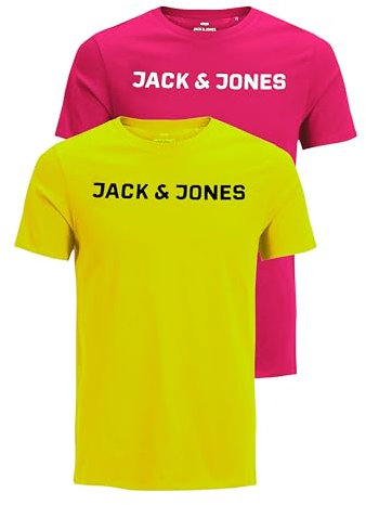 JACK & JONES JJECORP Camiseta de Manga Corta con Cuello Redondo, Logotipo, Paquete Doble, Rosa/Amarillo, M (EU)