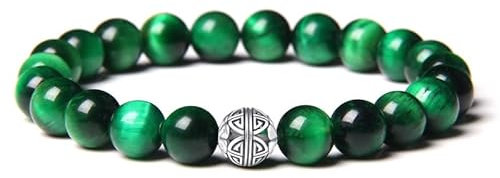 Natürliche 8 mm Edelsteine MetJakt Heilung Crystal Stretch Perlen Armband Armreif mit 925 Sterling Silber Double Happiness Anhänger (Grünes Tigerauge)