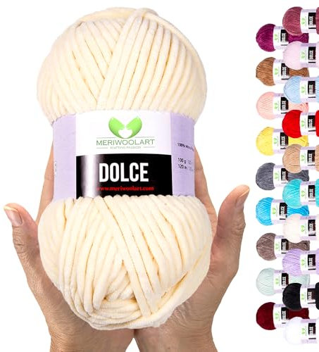MeriWoolArt Chenille Garn zum Stricken und Häkeln Hellgelb - 100 g und 120 m Samt-Wolle - 100% Flauschige Polyester Strickgarn für Amigurumi Kissen Decken weiche Kleidung Geschenke