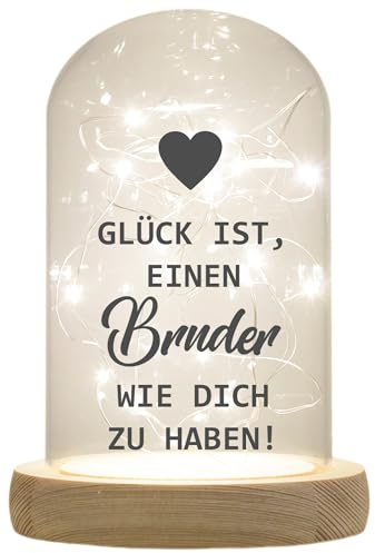 WB wohn trends LED-Glaskuppel, Glück ist einen Bruder wie Dich zu haben, 16,5x11cm, Glasglocke mit LED-Licht und Holz-Fuß LED-Laterne LED-Lampe mit Text Spruch