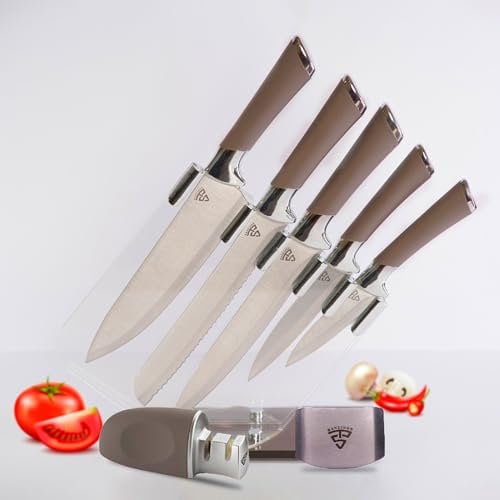 BAKEINNS Ultra-Sharp Stainless Steel Kitchen Knives - Chef Knives Set (8 pcs Set - Knife Block, Finger Guard, and Sharpener), Professional Chef Knife Set for Chopping, Slicing, Dicing & Cutting