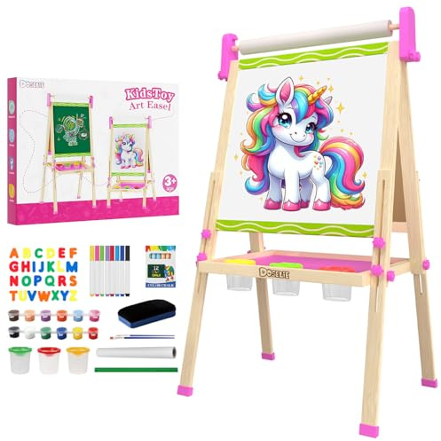 Doselie Easel for Kids,Adjustable Wooden Kids Art Easel with Paper Roll,Double-Sided Magnetic Toddler Easels,Dry Erase Whiteboard and Chalk Board,Toys for 3 4 5 6 7 8 9 10 Year Old Girl Boy Gift
