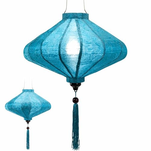 Asiatischer Lampion aus Seide, hellblau, Durchmesser 46 cm – traditionelle Laterne aus Stoff, Bambus und Holz, handgefertigt – Dekoration und Handwerk aus Vietnam (P25-BLC)