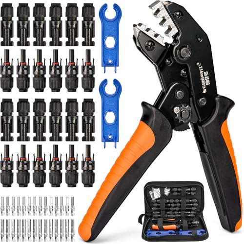 Kit Crimpatura per Impianti Fotovoltaici per 1.5-2.5/4.0/6.0 mm²,1 pinza crimpatrice,12 paia di connettori maschio/femmina, 14 paia Connettori Fotovoltaici e 2 chiavi inglesi per connettori solari