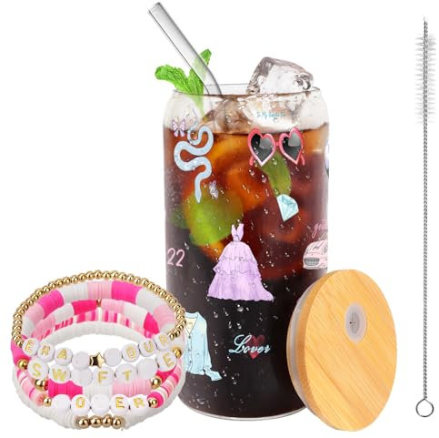 WALLFID Glass Coffee Cups for Music Lovers,16oz/500ml Glass Cups with Lids and Straws,with Friendship Bracelet for Fans,Friendship Birthday Gifts for Women Teenager Girls (Colourful)