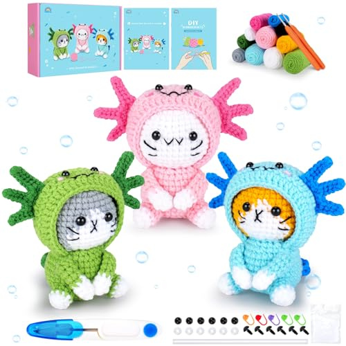 Axolotl Häkelset für Anfänger mit Video, Katze Häkelset Cosplay Axolotl Tier Strickset Häkeln Tier Kit Komplett Katze Häkeln Katze Häkeln Starter Kit Tier Set Anfänger Häkelset