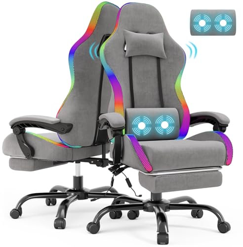 Devoko Gaming Stuhl mit Stoff, mit LED, Ergonomischer Bürostuhl mit Massage und Teleskop Fußstütze, Gamingstuhl mit Verstellbarer Rückenlehne 90-135°, Gaming-Stuhl 150 kg belastbarkeit, Grau