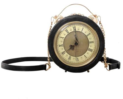 Umhängetasche mit echter funktionierender Uhr Handtasche für Damen Pu-Leder Retro Vintage Steampunk Stil Umhängetasche für Frauen und Mädchen (Black)