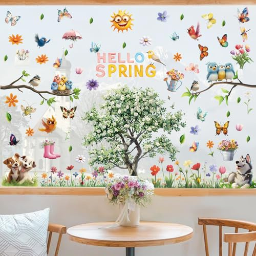 RAORAOYUE Hello Spring Window Stickers, Decorations Spring Window Clings