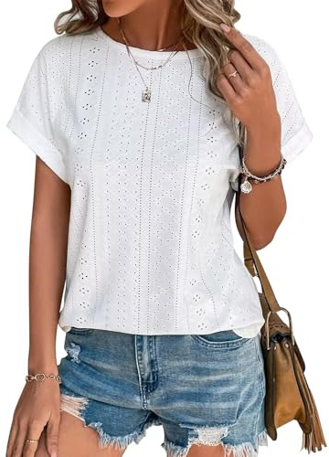 Cuptacc Camiseta Mujer Blusa Mujer Verano Elegante 2025 Moda Bordado Encaje Top Manga Corta Top Casual Túnica Casual
