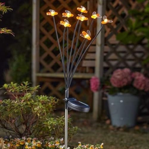 Garden Mile 8 Stem Bee Solar Lights Outdoor Garden Solar Lights Outdoor Waterproof Warm White LED Perfect Pathway Lighting Flower Planter Decorations For Outdoors Patio Gardens