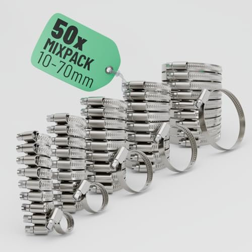 greate set da 50 fascette stringitubo acciaio inox - fascette a vite regolabili con 10x ciascuna 8-16 mm / 16-25 mm / 25-40 mm / 32-50 mm / 50-70 mm - fascette metallo con banda da 9 mm