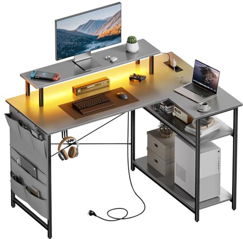HLONONE L-förmiger Schreibtisch mit LED und Steckdosen, 110 x 80 cm, Eckschreibtisch mit Regal, Computertisch mit Monitorständer und Aufbewahrungstasche, Gaming Tisch L Form für Büro, Heimbüro, Grau