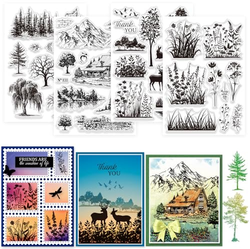 GLOBLELAND 4 Blatt Baumlandschaft Klarer Stempel Für Scrapbooking Wildblumen Unkraut Silhouette Silikonstempel Waldtier Transparentes Stempelset Für Kartengestaltung DIY Prägen Journaling