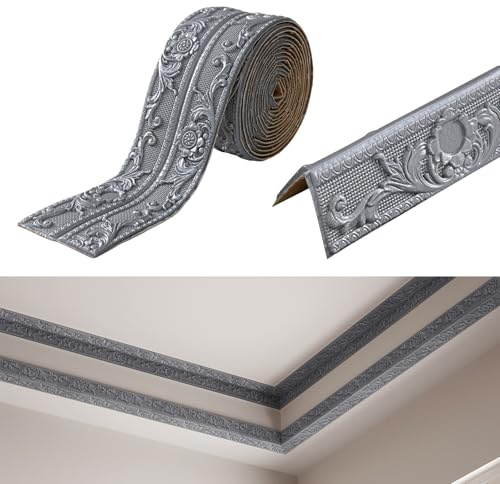 Inscrip Wallpaper Borders Self Adhesive, 10cmx5Mx8mm Skirting Board Trim, Peel and Stick Wall Border Trim, Skirting Board Covers, 3D Anti-Collision Line Border Roll Wall Trim (Grey)