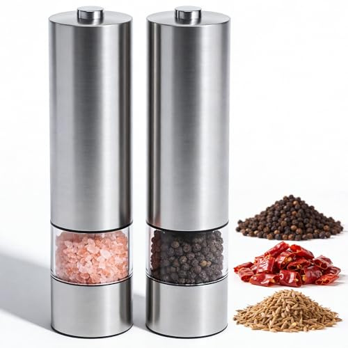Virklyee Molinillo Eléctrico de Pimienta y Sal 2 PCS Molinillo de sal y Pepper Grinder Especias Molinillo, Luz LED incorporada, puede moler de grueso a fino (Plata o2)
