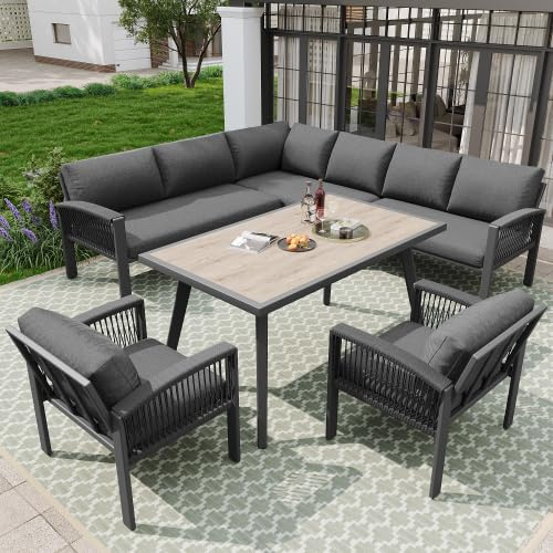 kozamas Gartenmöbel Set Lounge für 6-7 Personen, Outdoor Sofa wetterfest mit verzinktem Eisengestell & Seilgeflecht, Terrassenmöbel Sitzgruppe mit Glasplatte & Kissen (Modell 2)