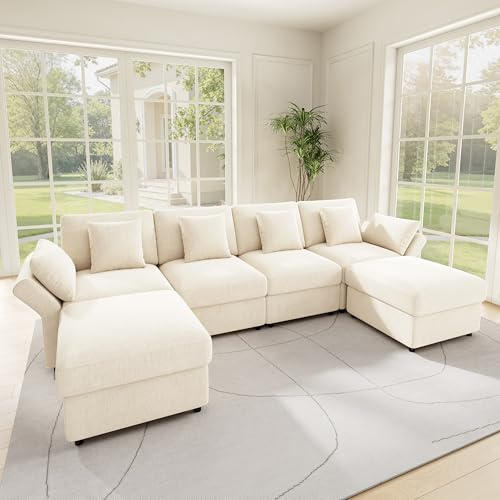 Merax Sofa Modulares Ecksofa U-Form/L-Form, Cloud Couch aus Chenille‑Stoff, Eckcouch mit Multifunktionalem Hocker, Verstellbaren Armlehnen, 4 Dekokissen und 2 Kopfstützen, Beige