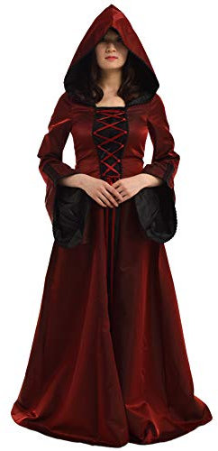BLESSUME Médiéval Femmes Lacer Fête Robe Éclater Manche Cosplay Fantaisie Encapuchonné Longue Robe (Bourgogne, XL)