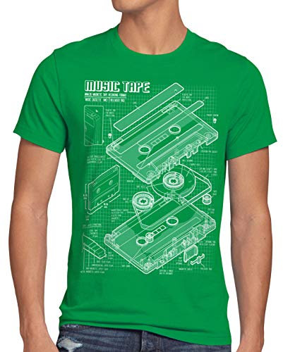 style3 Tape Blaupause Herren T-Shirt dj musikkassette Turntable Retro, Größe:L, Farbe:Grün