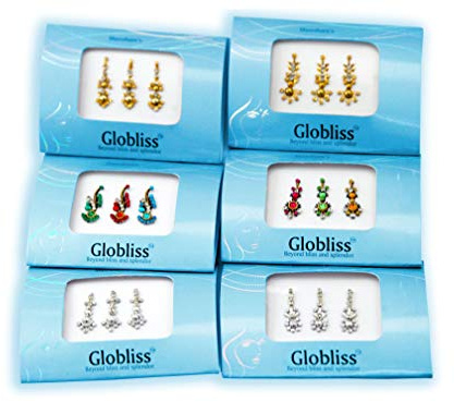 Globliss 6 Packs with 18 Long Indian Bindis face Gems Forehead Sticker Silver Golden Colorful