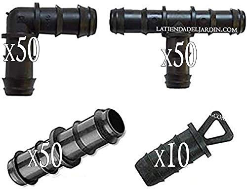 Suinga Pack IRRIGATION AU GOUTTE À GOUTTE 16MM de Suinga : 50 tés + 50 coudes + 50 raccords + 10 bouchons. Couleur noire.
