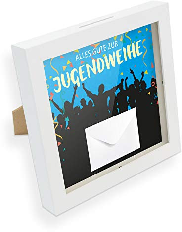itenga Geldgeschenk I Spardose I Alles Gute zur Jugendweihe I Gutschein I Bilderrahmen zum Befüllen I Geschenkverpackung I Unisex, inkl. Einleger und Briefumschlag zum Dekorieren, Weiß