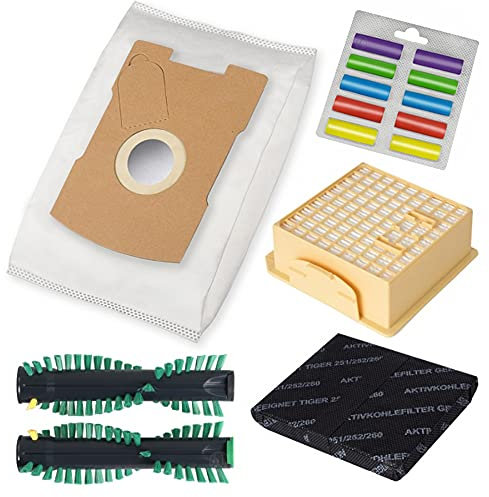 10 Hochwertige Staubsaugerbeutel - 10 Duftstäbchen Mix - 2 Filter - 1 Paar Bürsten - Für Vorwerk Tiger 260 kompatibel - Bestleistung beim Saugen