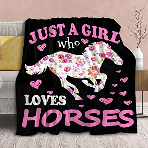 Horse Blanket Gift for Girls Women Plush-Just A Girl Who Loves Horses Comfy Throws Cowboy Western Lightweight Sheet Pony Bedding Quilt Soft Flannel Blankets for Couch Travel-50x60 Inches