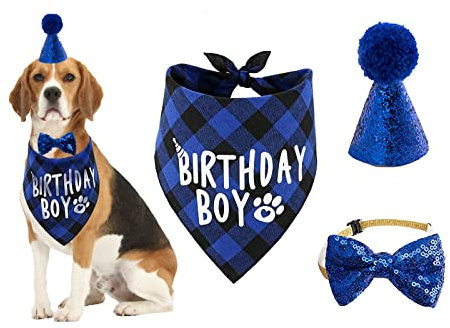 Hunde Geburtstags Halstuch Set, Hunde Geburtstagsparty Zubehör Hunde Bandana Mütze Schals mit niedlichem Hunde Fliegenhalsband für Jungen und Mädchen Welpen (Blue- Birthday Boy)