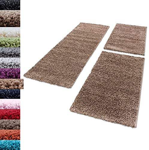 Carpettex Bettumrandung Schlafzimmer 3teilig Shaggy Teppich Hochflor Einfarbig Mocca Bettset:2 mal 60x110 + 1 mal 80x150 - Bettvorleger Schlafzimmer Läuferset Weicher Flauschig Bettumrandung Teppich
