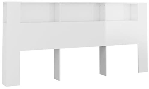 vidaXL Bett Kopfteil mit Ablagen - Modernes Bücherregal-Kopfteil in Hochglanz-Weiß für Queensize Betten - 220x18,5x104,5cm