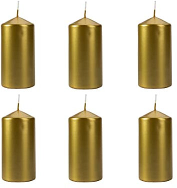 Stumpenkerzen Säulenkerzen Blockkerzen Gold Metallic, Durchmesser 6 cm, Höhe 12 cm, geruchsneutral, lange Brenndauer 38h, Set 6 Stück (1 Box)