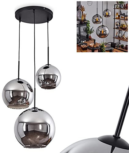 Hängeleuchte Koyoto, Hängelampe aus Metall/Glas in Schwarz/Chromfarben, Leuchte 3-flammig im Vintage/Retro Design mit Schirmen aus Glas (Ø 20cm/25cm/30cm), Höhe max. 151,5 cm, E27, ohne Leuchtmittel