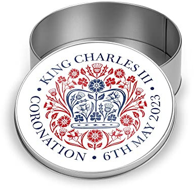Print Maniacs Kings Coronation Round Tin 2023 Official Emblem King Charles III Commemorative Souvenir Gift His Majesty The King Royal Memorabilia Gifts Coronation Memorabilia
