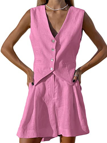Onsoyours Femmes Ensemble Blazer Costume Caraco de Couleur Unie Blazer Gilet à sans Manches et Short avec Poches 2 Pièces Ensemble de Costume Ete A Rose L