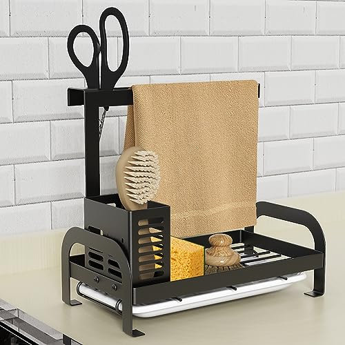 SANLION Spülbecken Organizer Schwarz, Spüle Caddy Organizer, Küchen Spüle Sink Organizer, Edelstahl Spülorganizer Schwammhalter mit Abflusspfanne, Spüllappenhalter Lappenhalter für Küche Badezimmer