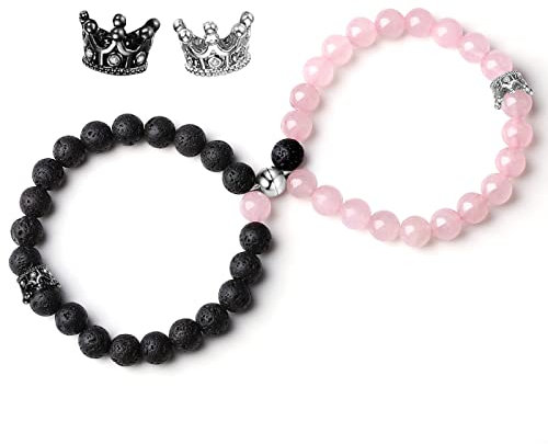 XIANNVXI 2Pcs Partnerarmbänder Paar Armbänder Partner Pärchen Armband Matching Couple Bracelets Naturstein Stretch Armband Valentinstag Geschenke für Frauen Männer(Lava Rock & Rosenquarz)