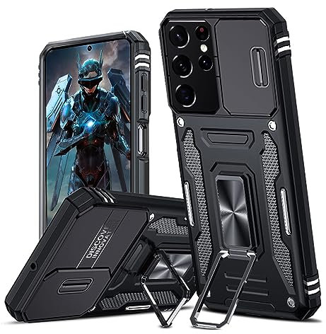 TUUTPU Coque pour Samsung Galaxy S21 Ultra 5G avec Couvercle Coulissant de Caméra, Étui de Support 360° Rotatif Anneau Militaire Dur PC Armor et TPU Silicone Antichoc Anti Rayures Housse, Noir