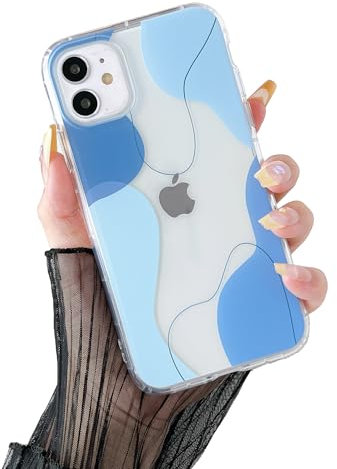 DEFBSC Compatible with iPhone 12/12 Pro Case, Transparent Color Mix Aesthetic Design Soft TPU Bumper Slim Thin Shock-Absorbing Protective Phone Cover - Blue