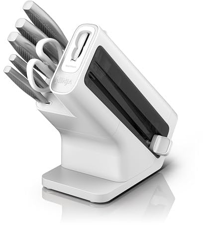 Ninja StaySharp Messerblock mit integriertem Schärfer, scharfes 6-teiliges Messerset mit 5 verschiedenen Messern und 1 Schere aus Edelstahl, Weiß, K62006EUWH