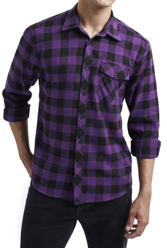 HISDERN Mens Checked Flannel Shirts Long Sleeve Casual Plaid Shirt for Men Lumberjack Shirts Button Down Regular Fit Purple/Black L